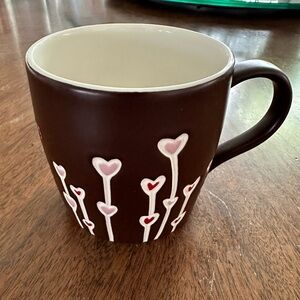 Starbucks Brown Mug Cup Heart Red Pink Flower Hand Painted Embossed 14 oz 2009